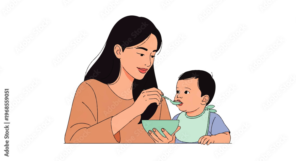 Fototapeta premium Vector flat design illustration of a mother feeding her baby with a spoon
