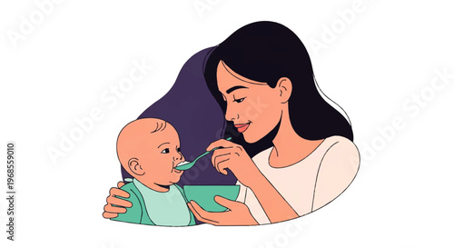 Vector flat design illustration of a mother feeding her baby with a spoon, creating a heartwarming moment of care