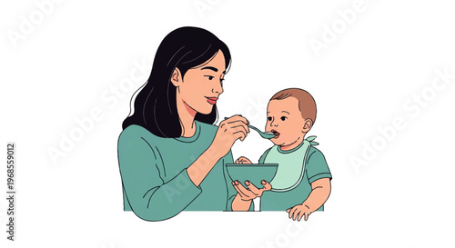 Vector flat design illustration of a caring mother feeding her baby healthy food from a bowl with a spoon