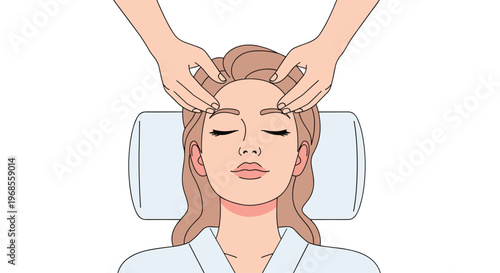 A woman with closed eyes is receiving a facial massage on her forehead and temples while lying on a pillow.