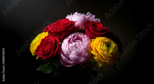 Elegant Bouquet of Red Roses Yellow Flowers and Pink Peony in Dramatic Low Key Lighting, Beautiful Floral Arrangement with Rich Colors on Dark Background for Romantic and Luxury Concept