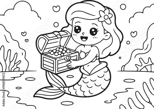 Cute mermaid with treasure chest full of pearls, underwater cartoon line art illustration for design