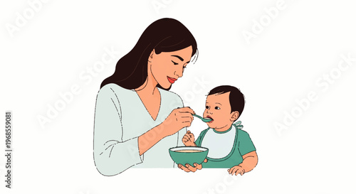 Vector flat design illustration of a mother feeding her baby with a spoon