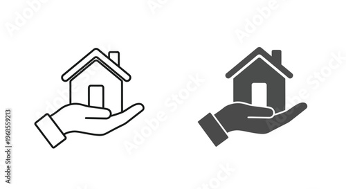 Vector illustration graphic featuring two hands holding a house icon, symbolizing real estate, property investment, or secure home ownership and care design elements.