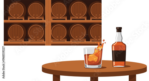 A whiskey bottle and a glass with ice are on a wooden table in front of a wall of stacked wooden barrels.