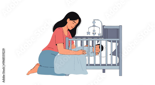 Vector flat design illustration of a mother kneeling beside a crib with her baby, peaceful parenting moment