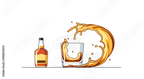 A whiskey bottle and a glass with a dynamic amber liquid splash are depicted against a white background with distillery outlines.