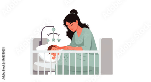 Vector flat design illustration of a mother tenderly bathing her newborn baby in a sink with a faucet