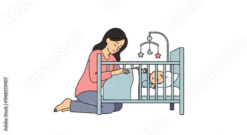 Vector flat design illustration of a mother sitting beside her baby's crib, gently interacting with an infant