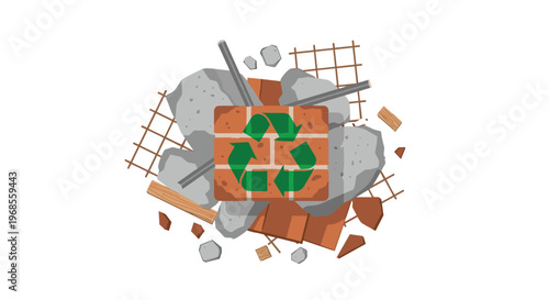 A brick with a green recycling symbol is surrounded by scattered construction rubble including concrete and rebar on a white surface.
