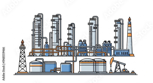 Detailed Illustration of an Oil Refinery with Tanks and Towers.