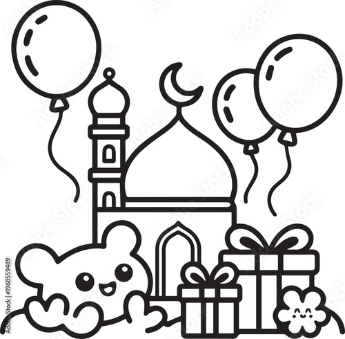 Eid al-fitr celebration with mosque, teddy bear, balloons, and gifts, islamic holiday coloring book page