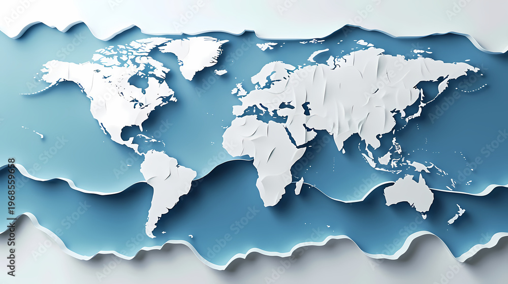 Obraz premium Stunning 3D paper cut world map rendered in layered shades of blue with wave-like ridges and ocean depth effect on a light background, representing global business and international expansion.