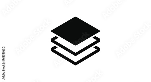 This sleek black vector graphic illustration features a modern stacked layers icon, representing digital design, organization, and hierarchical structure.