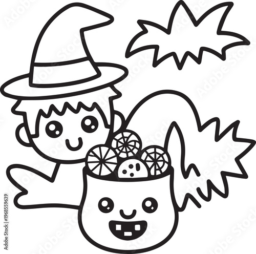 Halloween witch holding candy bucket a spooky yet cute character for autumn holiday celebration