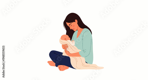 Vector flat design illustration of a mother breastfeeding her baby on a white background with a simple and heartwarming mood.