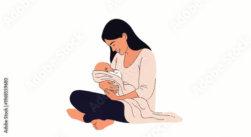 A Vector Flat Design Ilustration of a mother breastfeeding her baby on a white background with a minimalist and heartwarming mood.