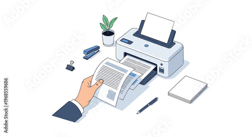 A hand is pulling a printed document from a white office printer on a clean white desk with office supplies.