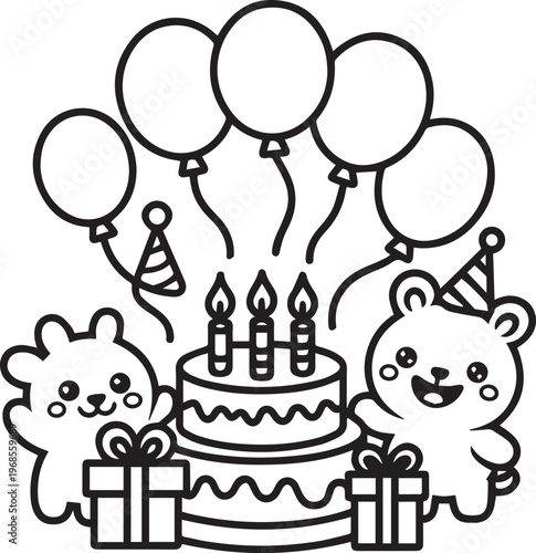 Happy birthday party with two cute teddy bears, cake with candles, balloons and gifts, festive celebration