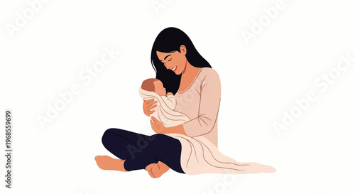 Vector flat design illustration of a woman sitting on the floor breastfeeding a baby in a serene and intimate setting.