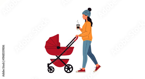 Vector flat design illustration of a woman walking with a red baby stroller while holding a bottle, wearing casual clothes.