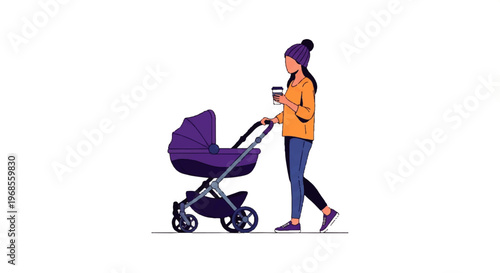 Vector flat design illustration of a woman walking with a stroller and coffee cup on a clean white background with purple and orange tones.