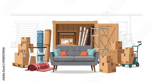 A grey two-seater sofa is positioned amidst a cluttered storage unit filled with cardboard boxes and rolled rugs.