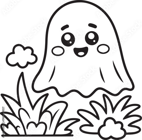 Happy cute ghost flying above the green grass and small cloud on transparent background isolated object, children line art design