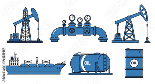 Oil Industry Icons - Rigs, Pipelines, Tanker, and Storage.