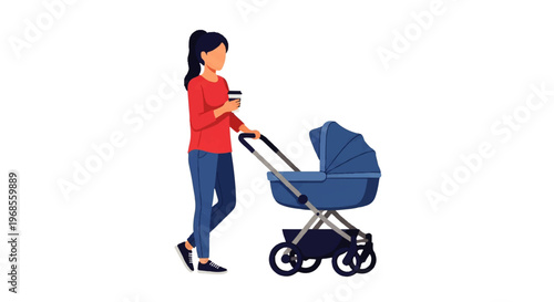 Vector flat design illustration of a young woman pushing a baby stroller while holding a coffee cup on a plain white background.