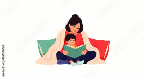 A woman and a child sitting on a blanket reading a book together in a cozy setting, depicted in a Vector Flat Design Ilustration style with a warm and intimate mood.
