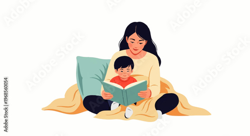 A woman and a child sitting on a blanket reading a book together in a cozy setting, depicted in a Vector Flat Design Ilustration style with a warm and intimate mood.