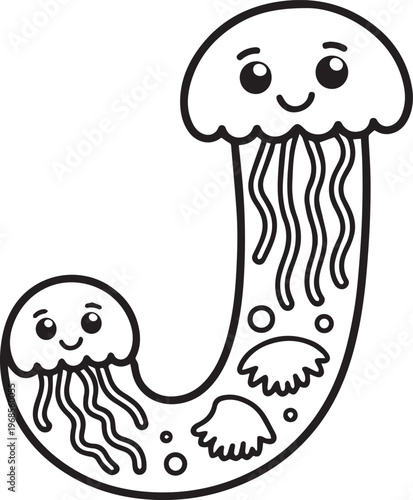 J is for jellyfish alphabet letter vector illustration black and white coloring page for kids with ocean animals