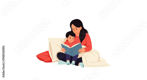A mother and child sitting on a couch reading a book together in a cozy setting, depicted in a vector flat design illustration with warm tones.