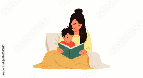 Vector flat design illustration of a woman reading a book with a child on a couch in a cozy setting.