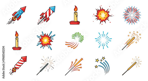 Vibrant collection of festive celebration icons, featuring colorful fireworks, exploding rockets, and glowing candles, perfect for holidays, parties, and joyous occasion designs
