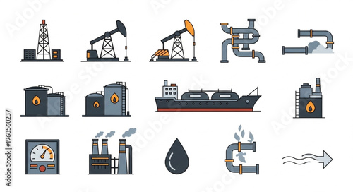 Oil and Gas Industry Icons - Extraction, Processing, and Transportation.