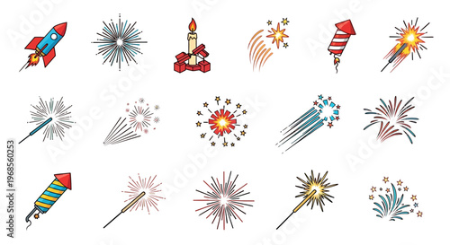 Vibrant collection of festive firework icons, showcasing rockets, dazzling explosions, and sparkling wands, perfect for holiday designs, celebrations, and special event graphics