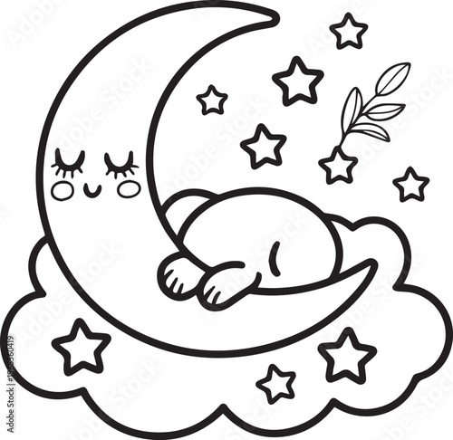 Sleeping bear on moon with stars and clouds, cute illustration for baby shower, nursery, bedtime theme