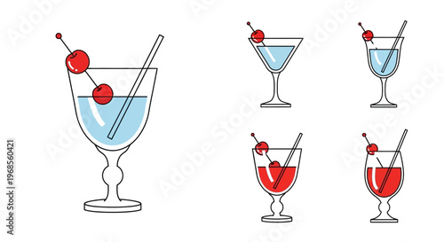 A vibrant set of refreshing illustrated cocktail and beverage icons, showcasing various glass types with stylish garnishes, ideal for menus, apps, or digital design projects