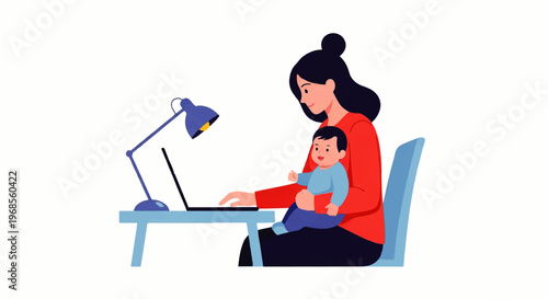 Vector flat design illustration of a woman working on a laptop while holding a baby on her lap, sitting at a desk with a lamp, in a simple and colorful composition.