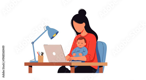 Vector flat design illustration of a multitasking woman working on a laptop with a baby on her lap at a desk with a lamp in a simple, colorful style.