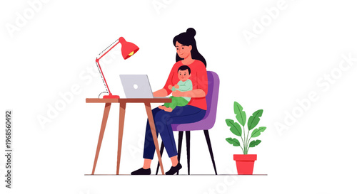 Vector flat design illustration of a multitasking woman working on a laptop while feeding a baby, sitting at a desk with a lamp and plant in a simple, colorful setting.