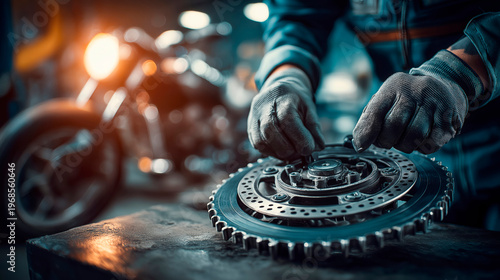 Close up of mechanic hands repairing motorcycle part in workshop