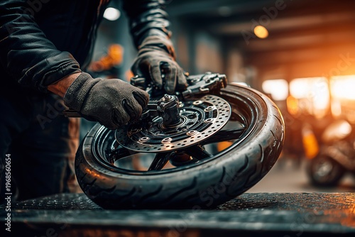Motorcycle mechanic repairing brake disc and wheel in workshop, close up detail
