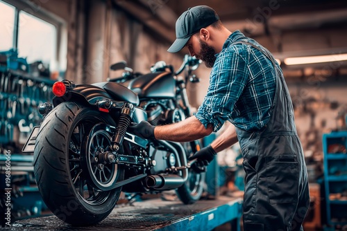 Motorcycle mechanic repairing bike in workshop, professional motorbike service