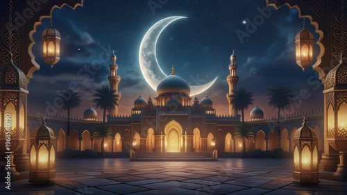 Illuminated Mosque at Night with Crescent Moon and Ornate Lanterns for Islamic Celebrations