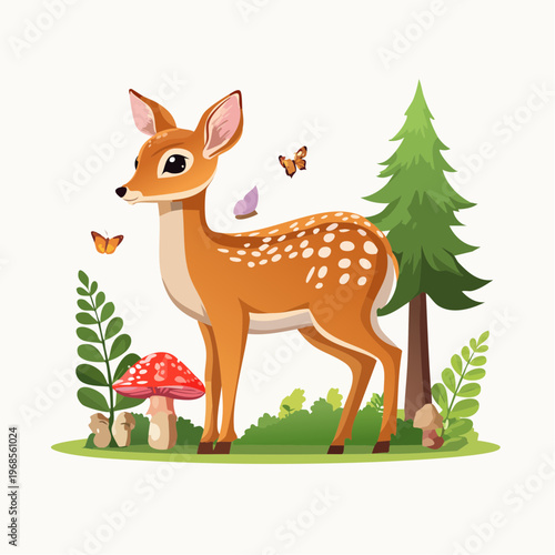 Rehkitz im Wald mit Pilzen – Detailreiche Szene