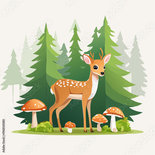 Rehkitz im Wald mit Pilzen – Detailreiche Szene