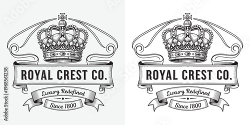 Royal Crest Co Luxury Redefined Vintage Logo with Imperial Crown and Decorative Ribbons